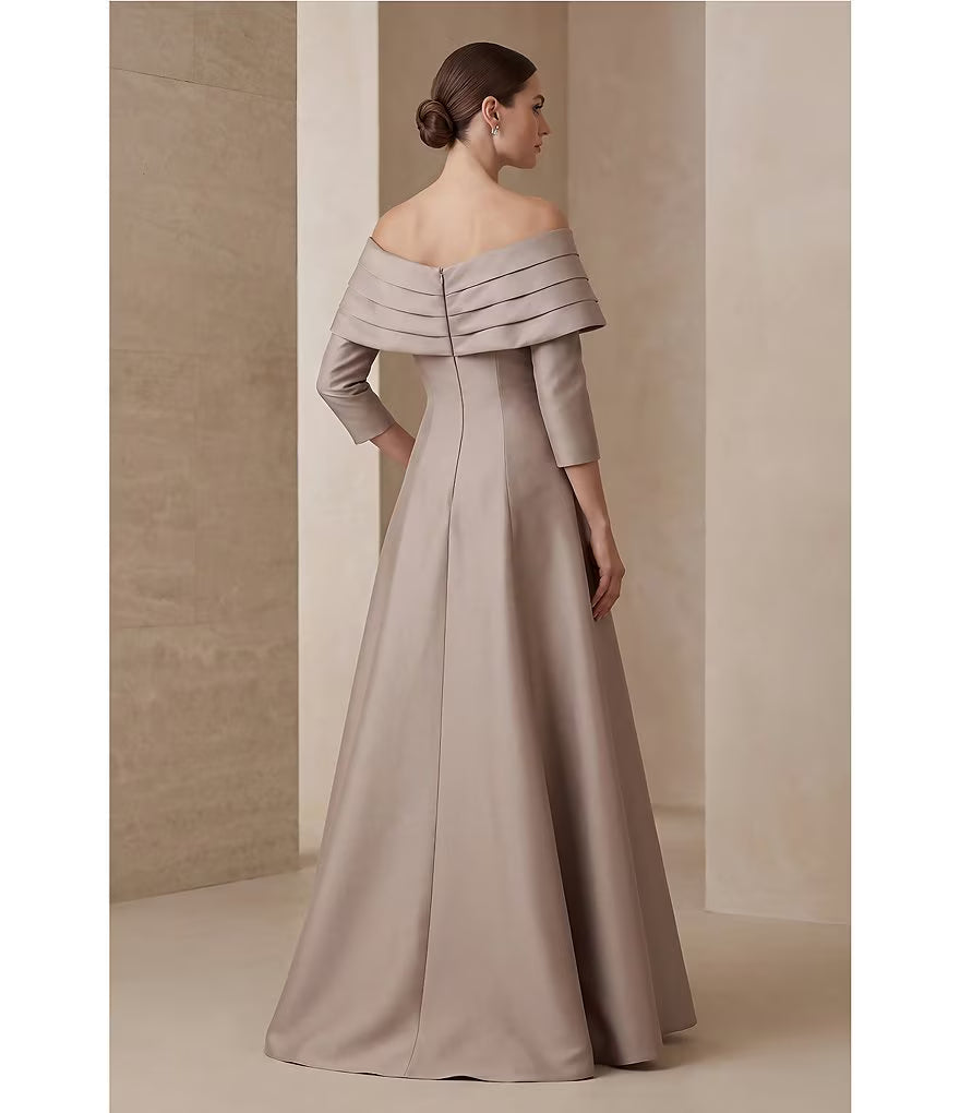 Formal Dresses Long Sleeve A Line Formal Dress Taupe-Mikado-261M6434-Train