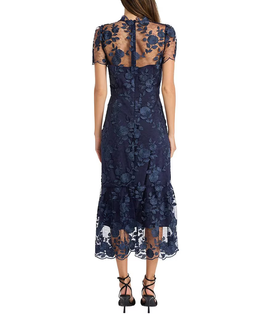Mesh Yoke Pencil Skirt Dress with Applique Trim Maggy London G6087M