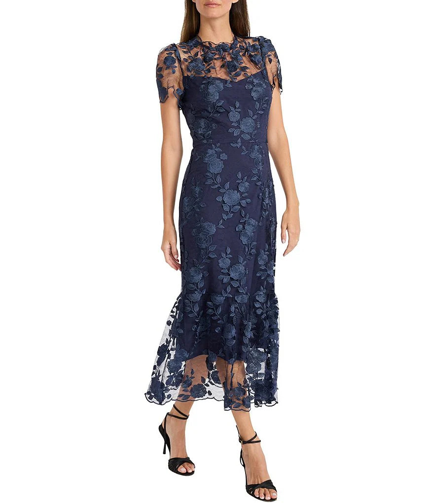 Mesh Yoke Pencil Skirt Dress with Applique Trim Maggy London G6087M