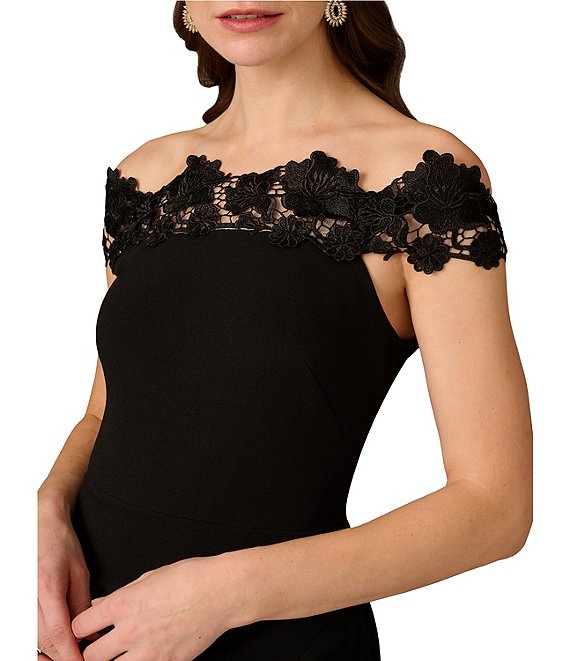 Black Aidan Mattox MD1E209531 Off Shoulder Short Crepe Cocktail Appliqué Dress