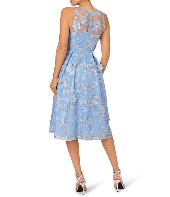 Light Blue Gold Adrianna Papell AP1E212913 Illusion High-Neck Short Embroidered Floral Dress