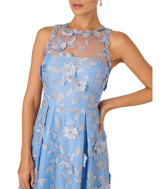 Light Blue Gold Adrianna Papell AP1E212913 Illusion High-Neck Short Embroidered Floral Dress