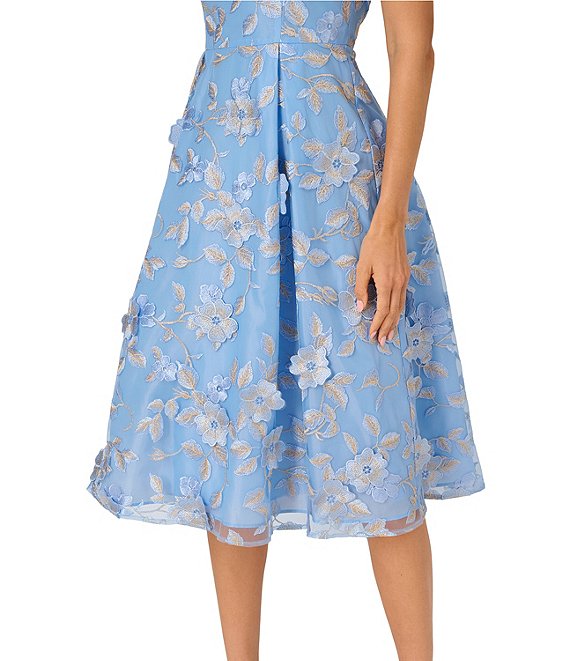 Light Blue Gold Adrianna Papell AP1E212913 Illusion High-Neck Short Embroidered Floral Dress
