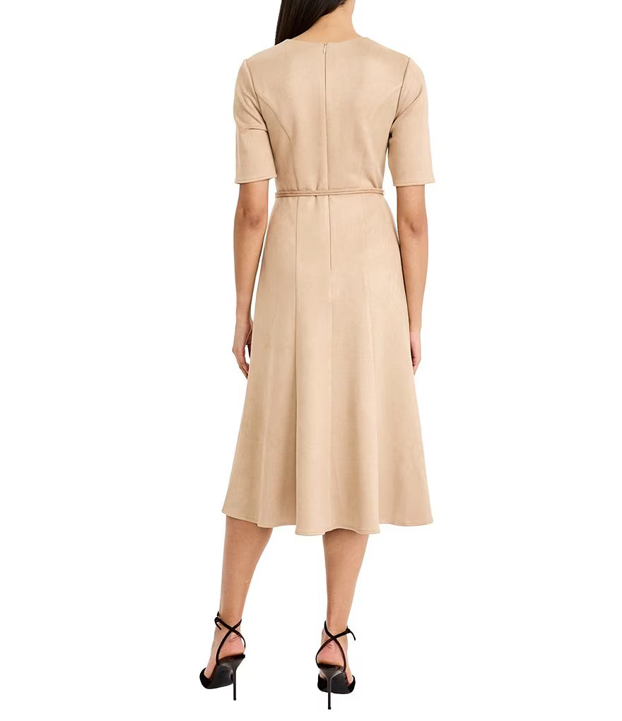 Soft Stretch Suede Short Sleeve Fit And Flare Midi Dress Maggy London G7151M - Back view