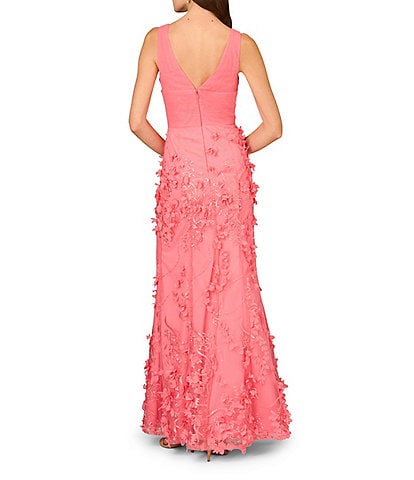 Aidan Mattox MD1E206707 V-Neck Long Mesh Formal 3D Floral Gown