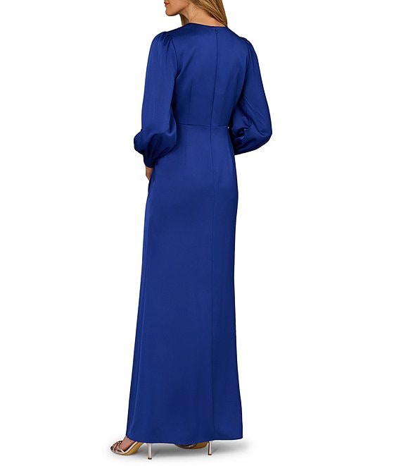 Royal Sapphire Aidan Mattox MD1E209750 V-Neck Full Length Satin Formal Dress Front Slit