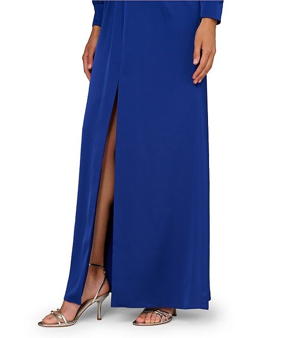 Royal Sapphire Aidan Mattox MD1E209750 V-Neck Full Length Satin Formal Dress Front Slit