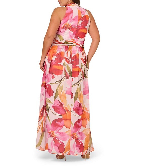 Pink Orange Multi Adrianna Papell AP1E212082 Surplice Long Floral Gown with Belted Buckle