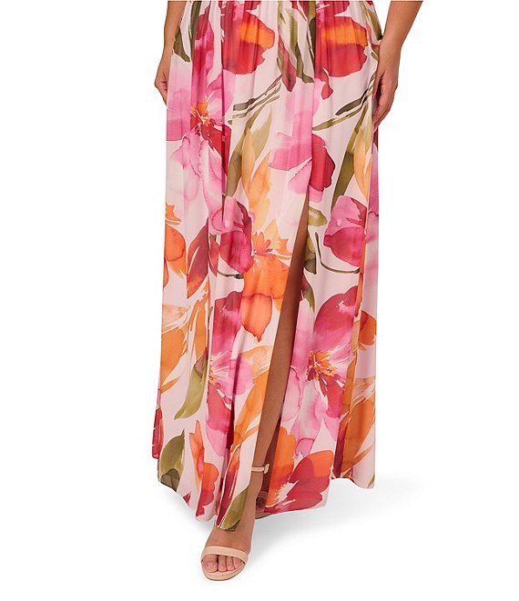 Pink Orange Multi Adrianna Papell AP1E212082 Surplice Long Floral Gown with Belted Buckle