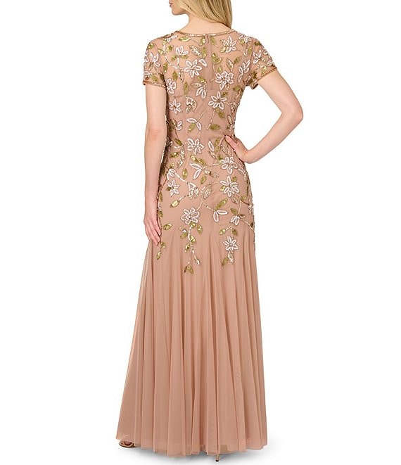 Long Beaded Floral A Line Formal Dress