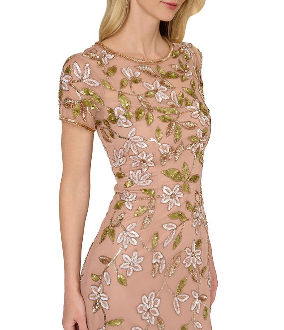 Long Beaded Floral A Line Formal Dress
