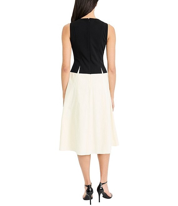 Winter White Maggy London G6924M Crew-Neck Short Crepe Cocktail Color-Block Dress