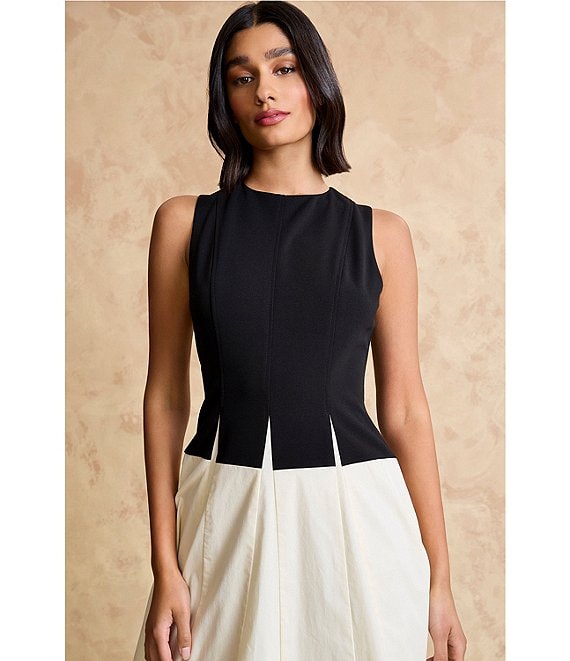 Winter White Maggy London G6924M Crew-Neck Short Crepe Cocktail Color-Block Dress