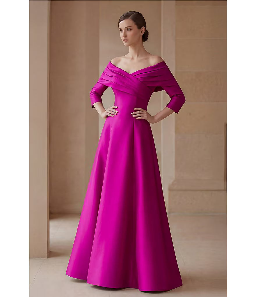 Formal Dresses Long Sleeve A Line Formal Dress Fuchsia-Mikado-261M6434-Train