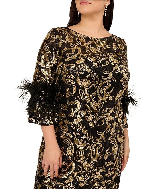 Black Gold Adrianna Papell AP1E212767 Bateau Short Sequin Cocktail Feather Bell Sleeves