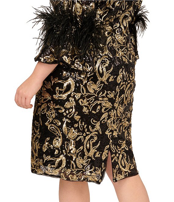 Black Gold Adrianna Papell AP1E212767 Bateau Short Sequin Cocktail Feather Bell Sleeves