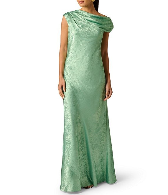 Jade Quartz Adrianna Papell ADAE213224 Cowl Floor-Length Jacquard Formal Dress Metallic