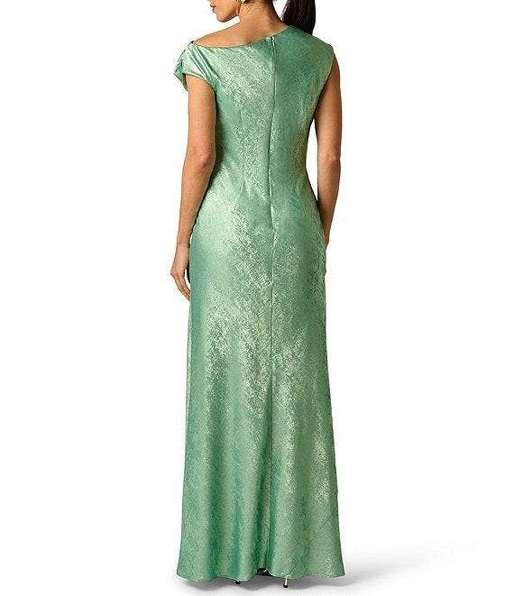 Jade Quartz Adrianna Papell ADAE213224 Cowl Floor-Length Jacquard Formal Dress Metallic