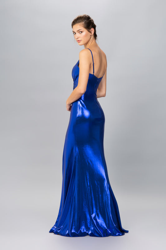Royal Blue V-Neck Floor-Length Metallic Knit Formal Side Slit Gown Eureka Fashion 9030