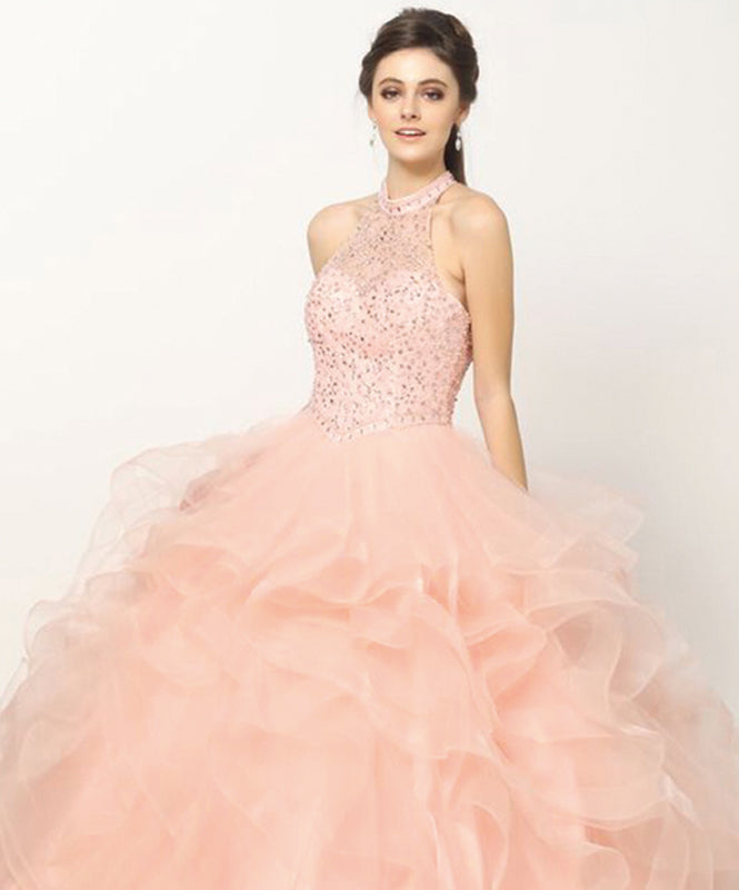 Quinceniera Dresses Beaded Long Ball Gown Ruffle Quinceanera Dress Juliet JT1420 Blush