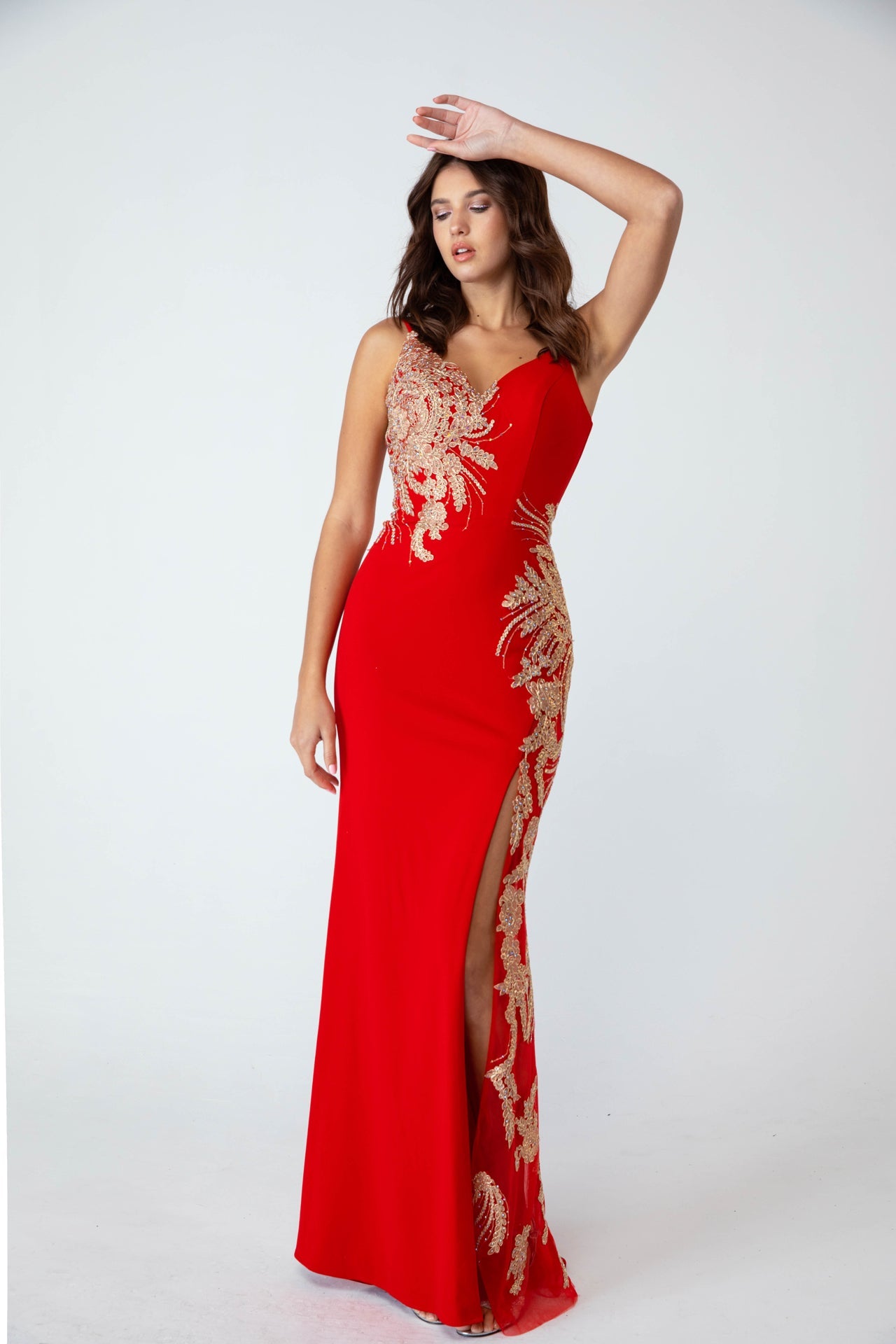 Prom Dresses Long Formal Prom Fitted Slit Dress Eureka Fashion 9996 Red/Gold