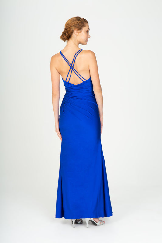 Royal Blue V-Neck Floor-Length Jersey Formal Criss-Cross Back Gown Eureka Fashion 9333