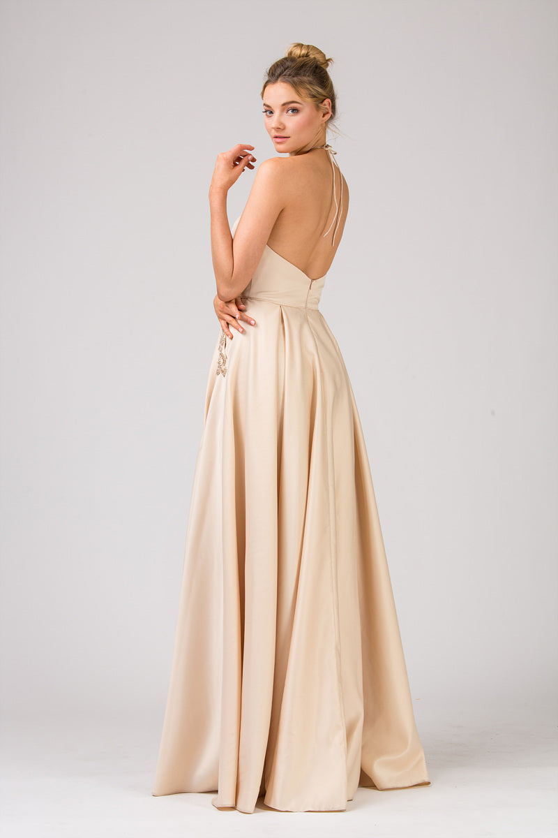 Halter Floor-Length Satin Prom A-Line Eureka Fashion 8822