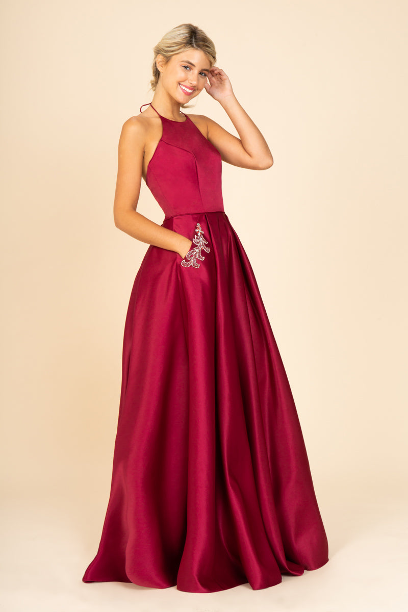 Halter Floor-Length Satin Prom A-Line Eureka Fashion 8822
