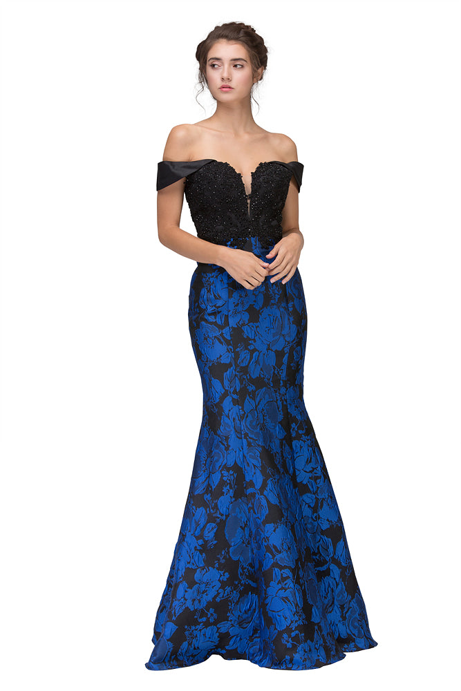 Formal Dresses Long Lace Prom Floral Print Mermaid Formal Dress Eureka Fashion 6222 Black/Royal Flw