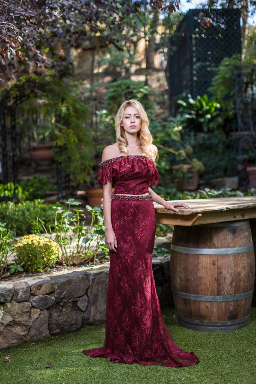 Formal Dresses Long Lace Prom Two Piece Formal Dress Eureka Fashion 6113 Burgundy/Black Bead