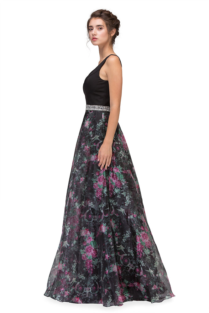 Formal Dresses Long Prom Floral Print A line Formal Dress Eureka Fashion 7020 Black Floral Print
