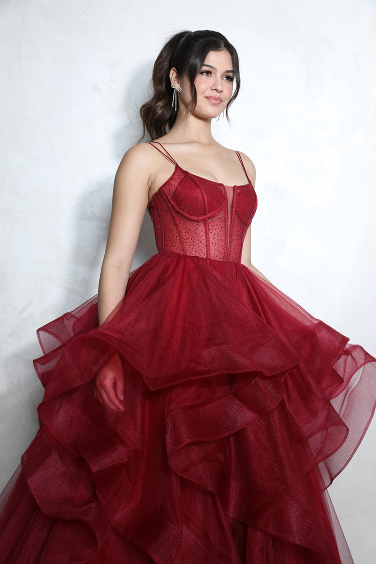 Prom Dresses Beaded Long Formal Ruffle Ball Gown Corset Prom Dress Eureka Fashion 9950 Burgundy