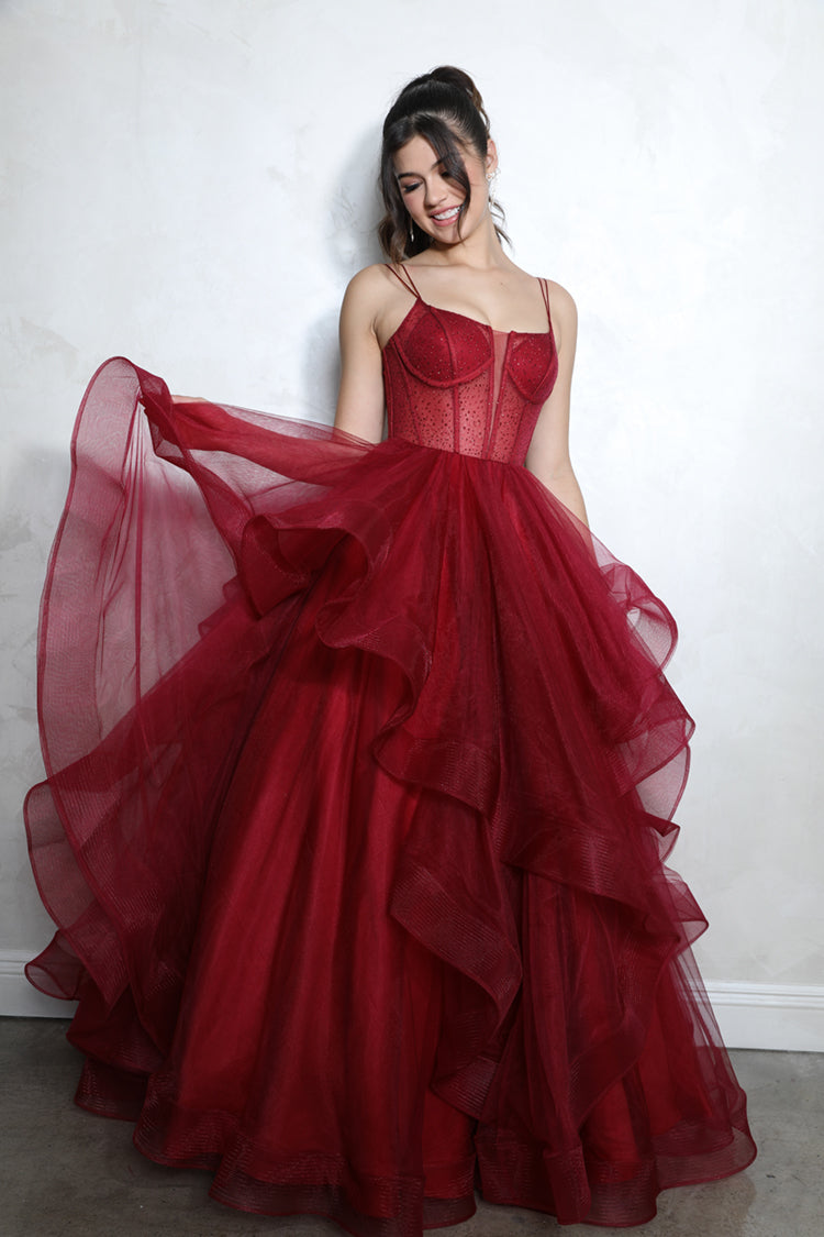 Prom Dresses Beaded Long Formal Ruffle Ball Gown Corset Prom Dress Eureka Fashion 9950 Burgundy