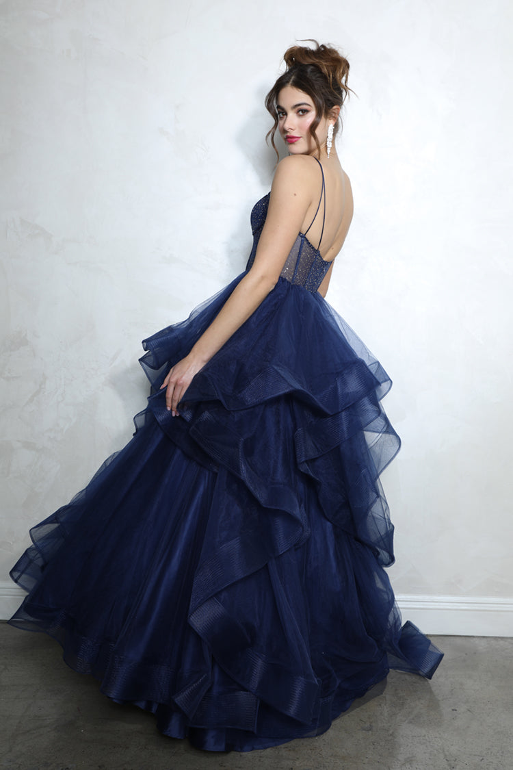 Prom Dresses Beaded Long Formal Ruffle Ball Gown Corset Prom Dress Eureka Fashion 9950 Navy