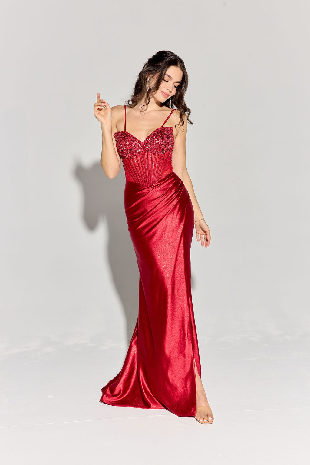 Prom Dresses Long Formal Corset Slit Prom Dress Eureka Fashion EK183 Burgundy