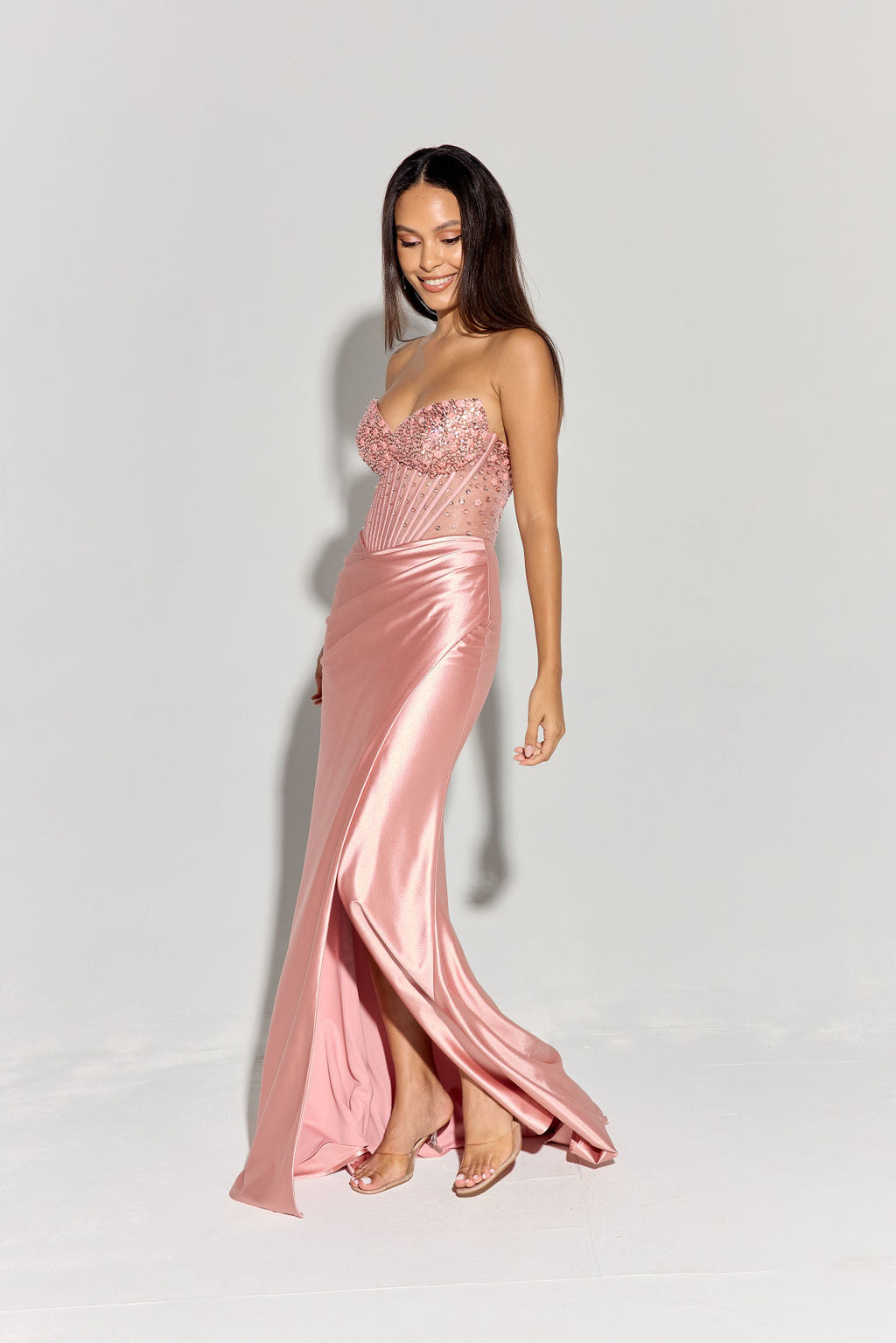 Prom Dresses Long Formal Corset Slit Prom Dress Eureka Fashion EK183 Dusty Rose