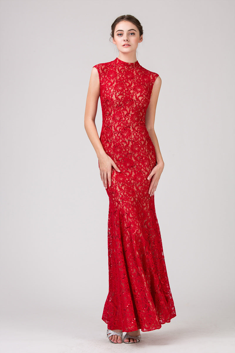 High-Neck Floor-Length Lace Formal Mermaid Eureka Fashion 2061