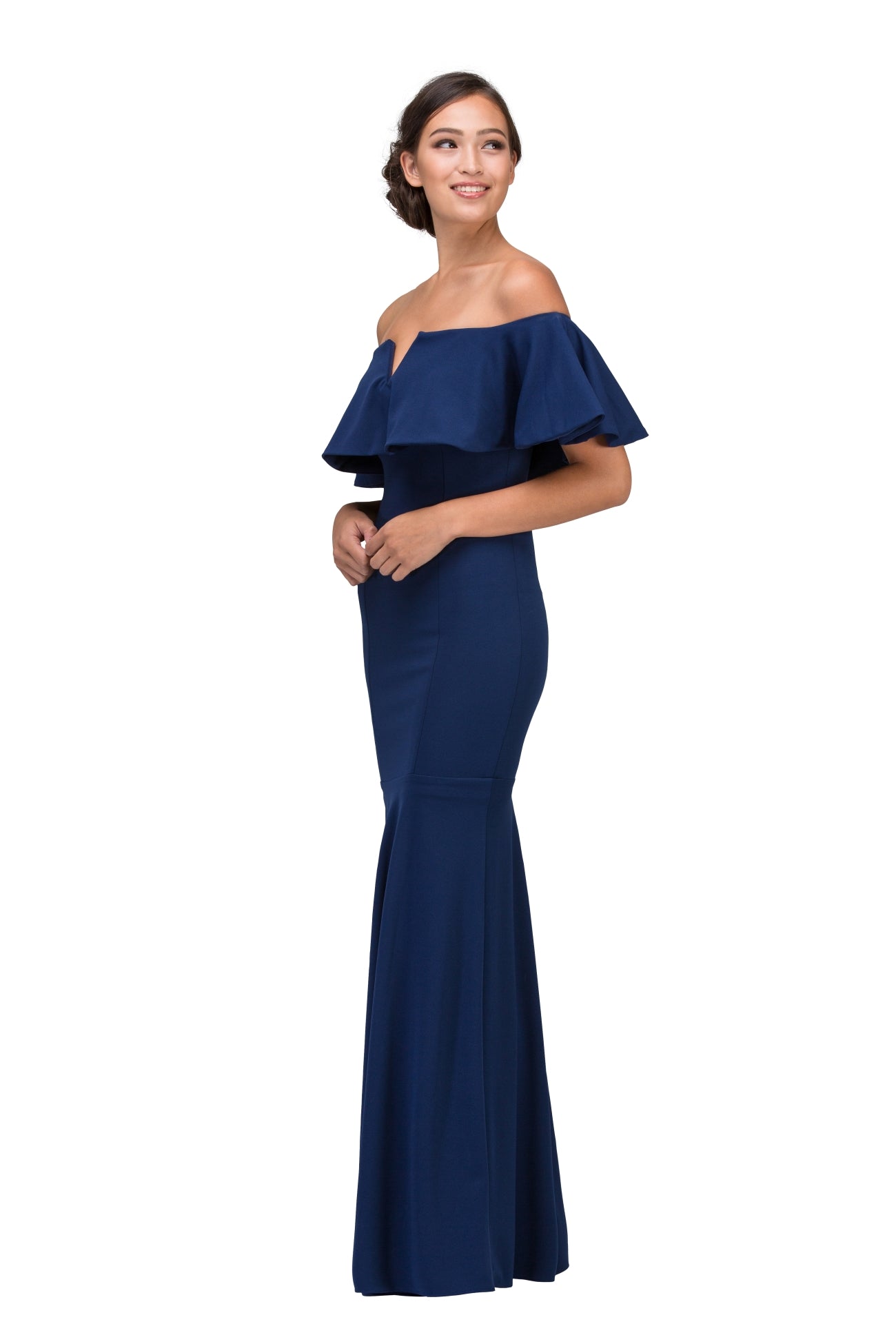 Navy Off-the-Shoulder Floor-Length Crepe Formal Ruffled Trumpet Gown Eureka Fashion 2102