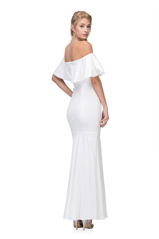 Off White Off-the-Shoulder Floor-Length Crepe Ruffled Trumpet Bridal Wedding Gown Eureka Fashion 2102