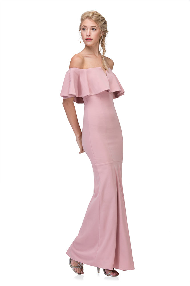 Dusty Pink Off-the-Shoulder Floor-Length Crepe Formal Ruffled Trumpet Gown Eureka Fashion 2102