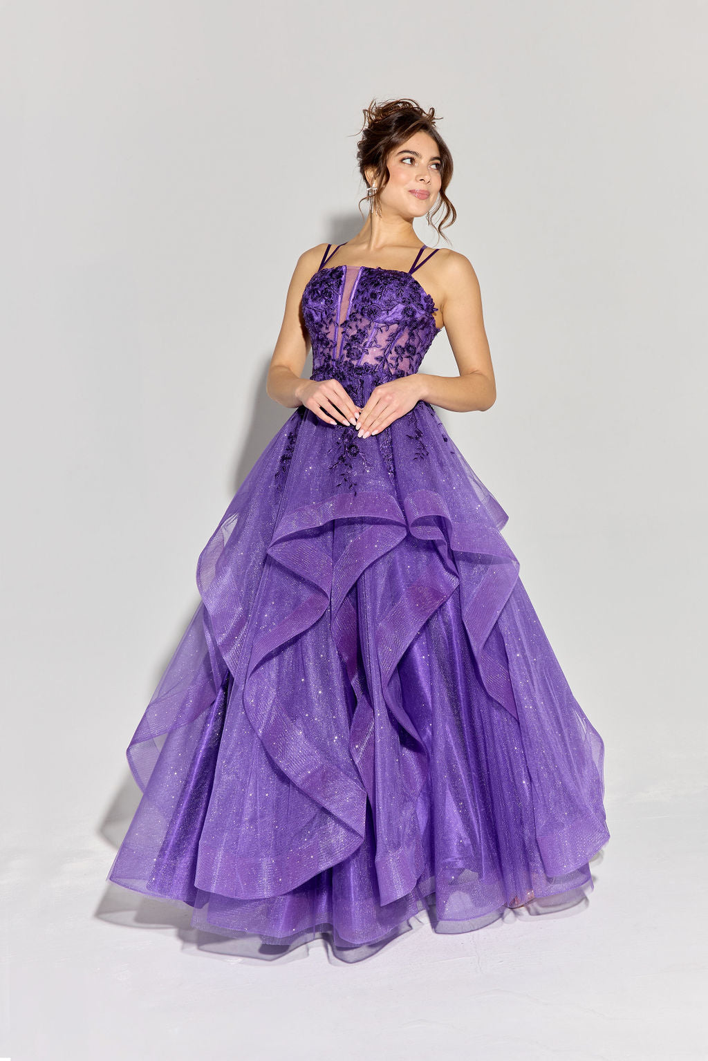 Purple Sweetheart Neck Floor-Length Glitter Tulle Prom Gown with Ruffled Skirt Eureka Fashion EK157