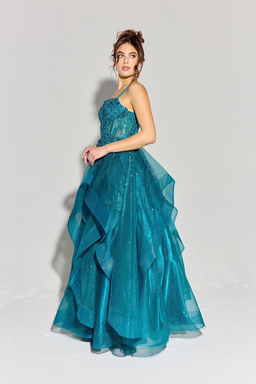Teal Sweetheart Neck Floor-Length Glitter Tulle Prom Gown with Ruffled Skirt Eureka Fashion EK157