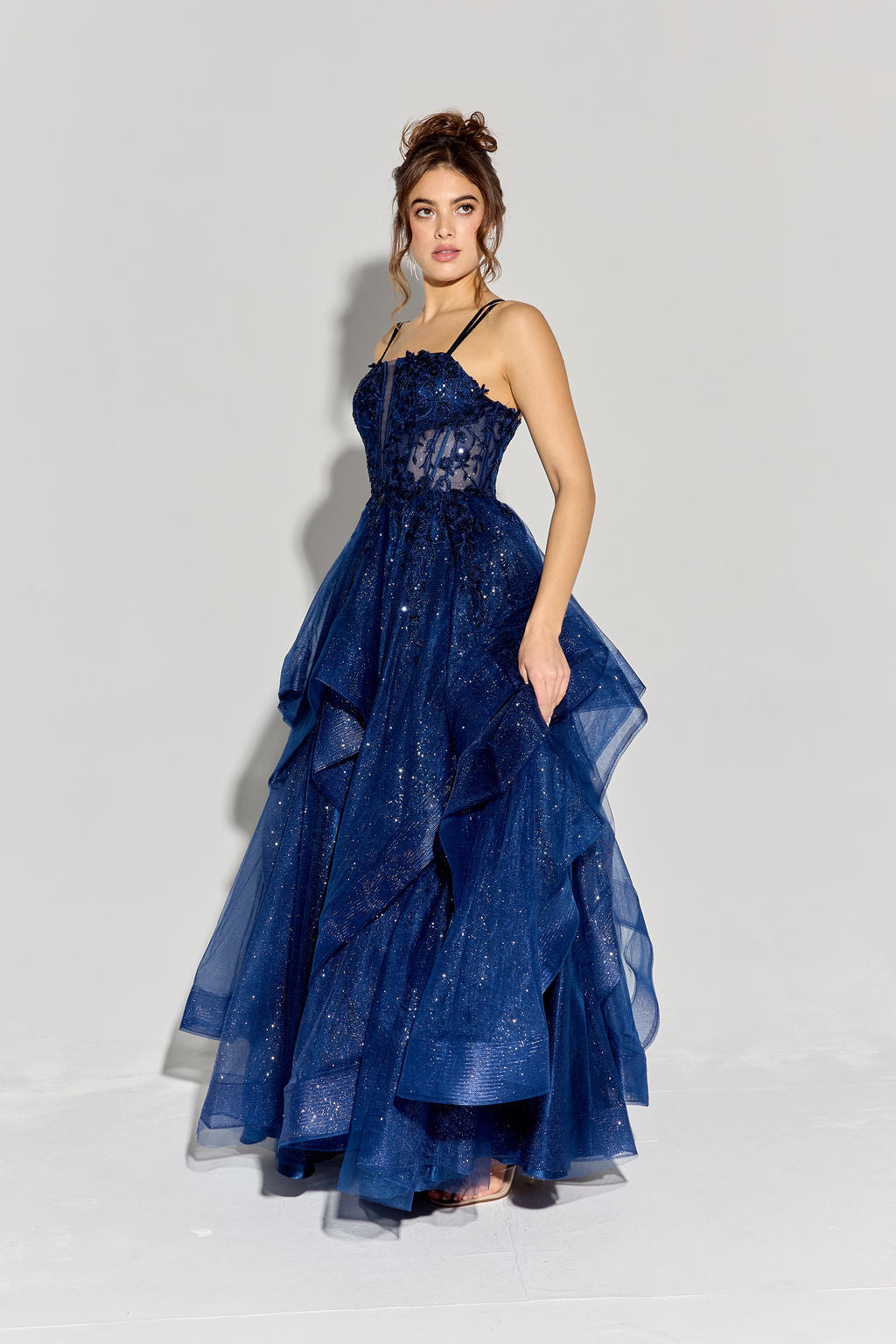 Navy Sweetheart Neck Floor-Length Glitter Tulle Prom Gown with Ruffled Skirt Eureka Fashion EK157