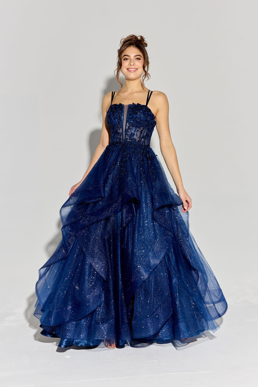 Navy Sweetheart Neck Floor-Length Glitter Tulle Prom Gown with Ruffled Skirt Eureka Fashion EK157