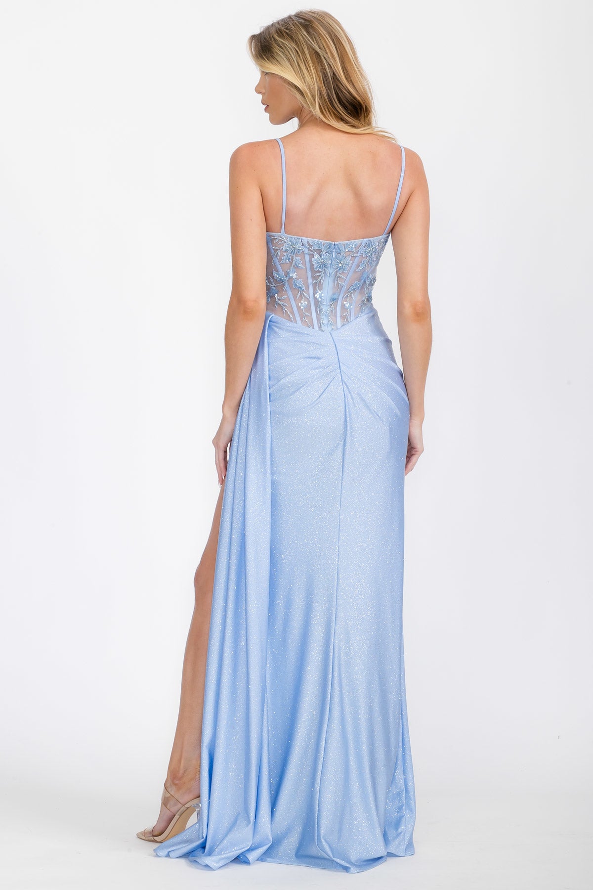 Mineral Blue Sweetheart Floor-Length Satin Prom Dress with Lace Corset Bodice and Slit Eureka Fashion EK166