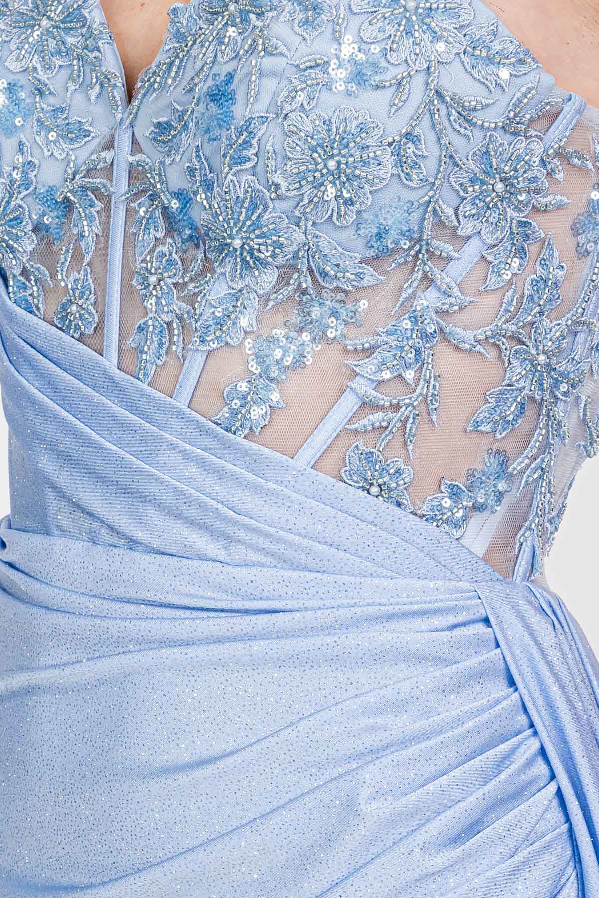 Mineral Blue Sweetheart Floor-Length Satin Prom Dress with Lace Corset Bodice and Slit Eureka Fashion EK166