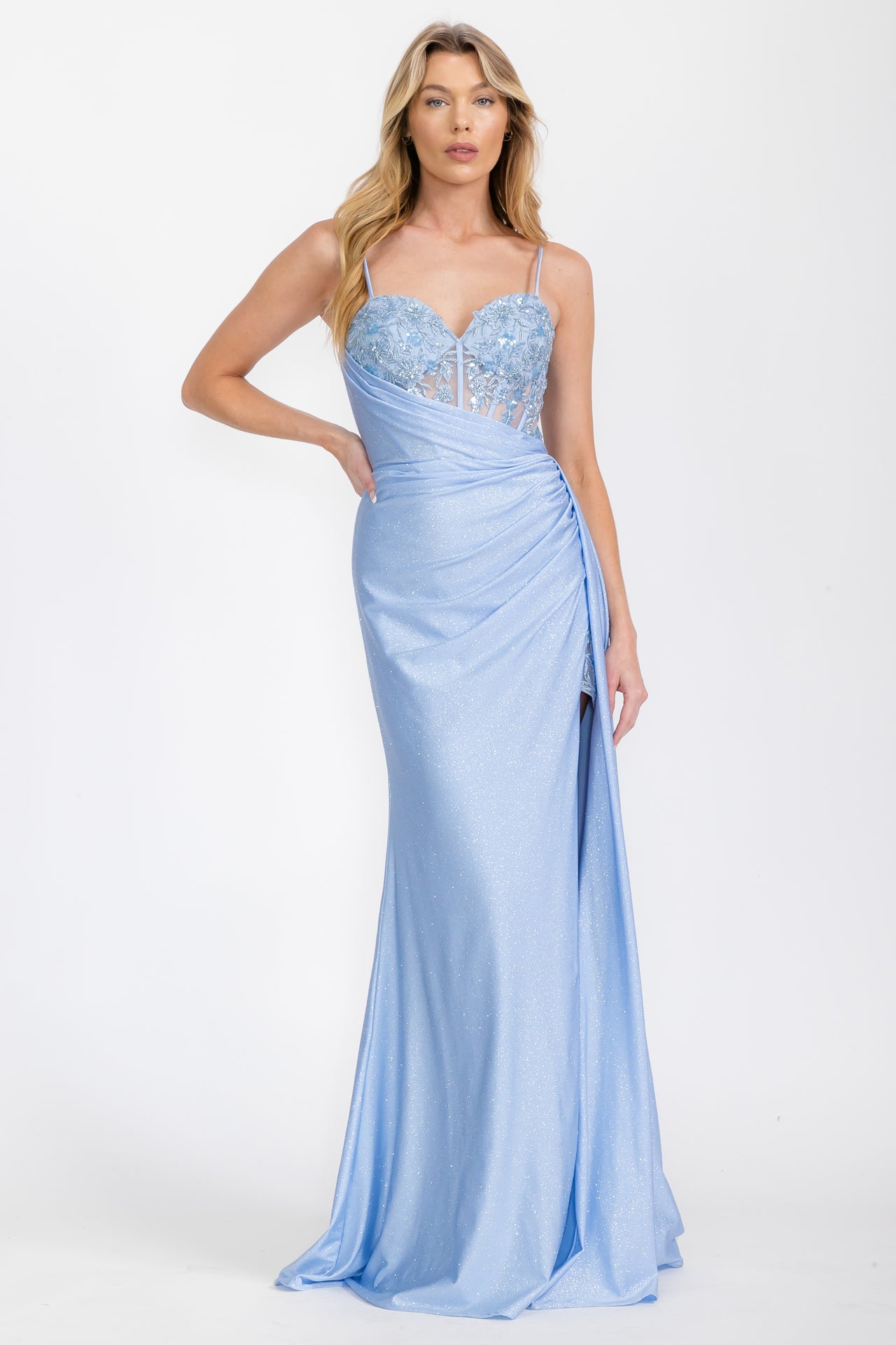 Mineral Blue Sweetheart Floor-Length Satin Prom Dress with Lace Corset Bodice and Slit Eureka Fashion EK166