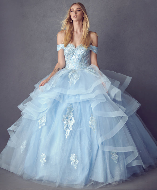 Quinceniera Dresses Long Metallic Glitter Quinceanera Dress Juliet JT1432 Bahama Blue