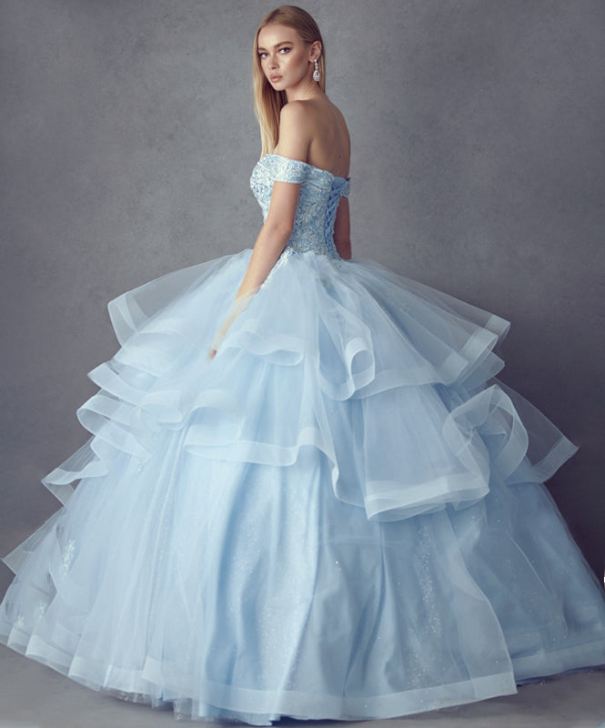 Quinceniera Dresses Long Metallic Glitter Quinceanera Dress Juliet JT1432 Bahama Blue