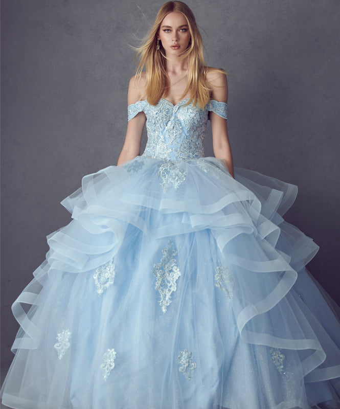 Quinceniera Dresses Long Metallic Glitter Quinceanera Dress Juliet JT1432 Bahama Blue